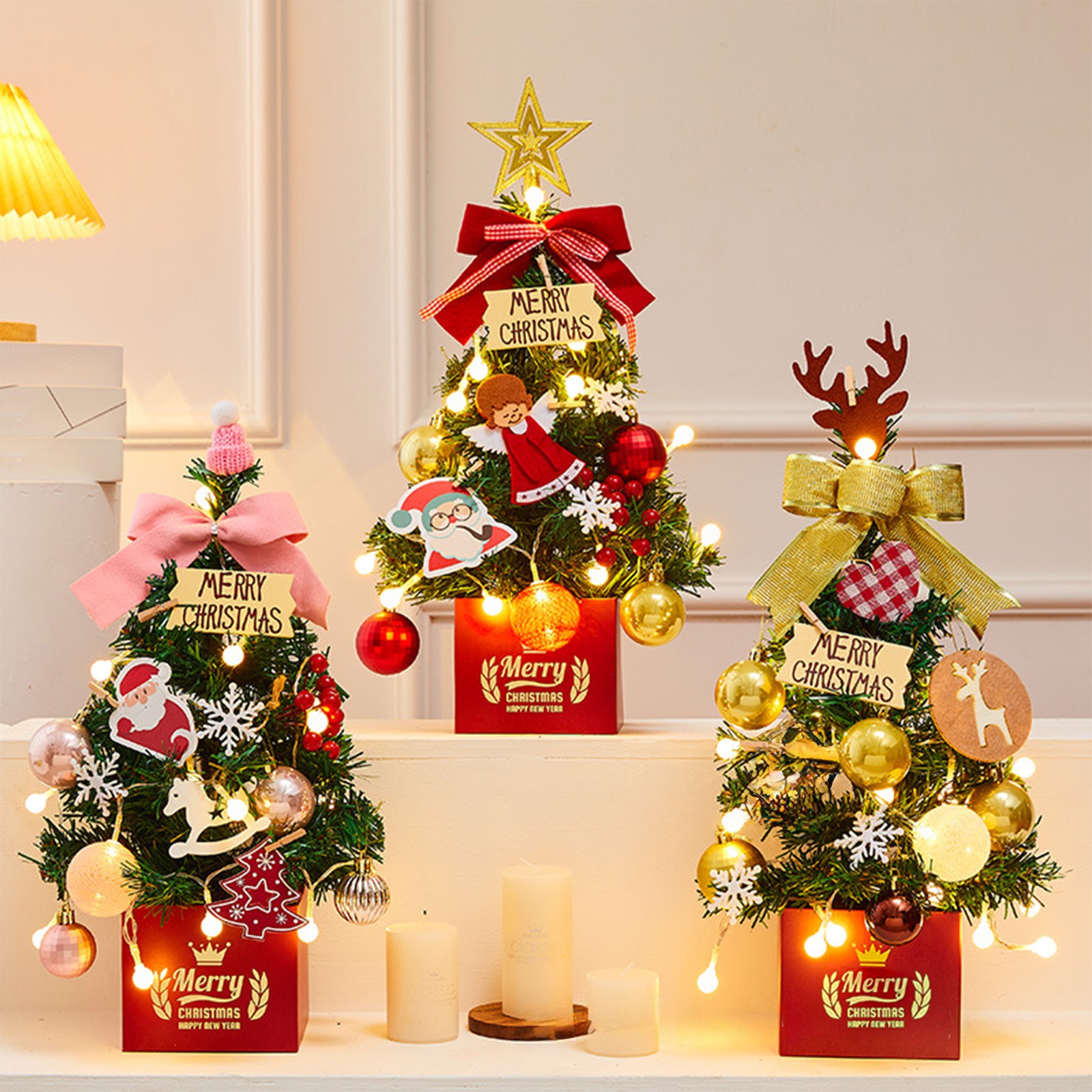 Christmas Clearance Festive Small Desktop Christmas Tree with Accessories and String Lights – 17.71” x 9.84” Realistic Plastic Needle, Red – Includes Rich Decorations and Battery-Powered Lights